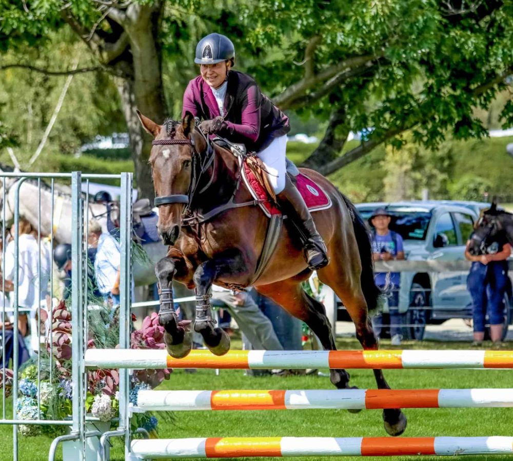 Horse jumping event at Reigning Downs Hauora Centre with rider in competition gear.