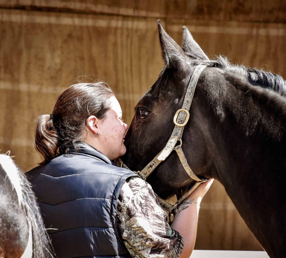 Woman gently interacts with a black horse at Reigning Downs Hauora Centre.